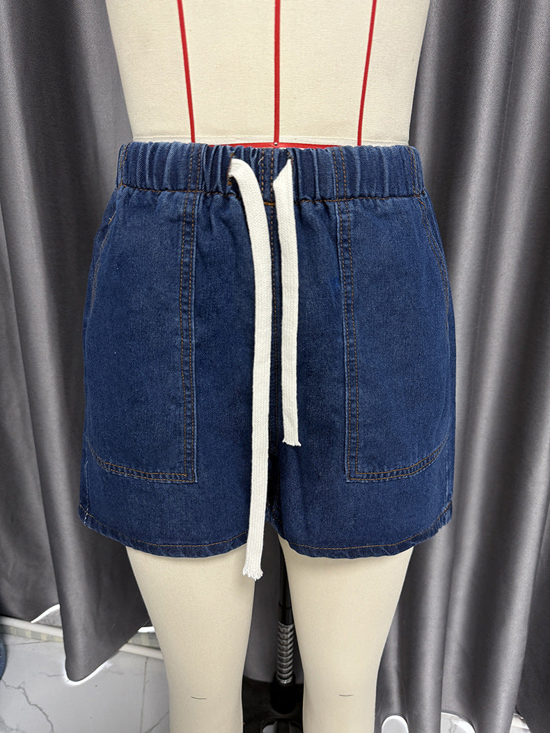 Women Retro Casual Pocket Short Sleeve Shirt and Denim Shorts two-piece set 15