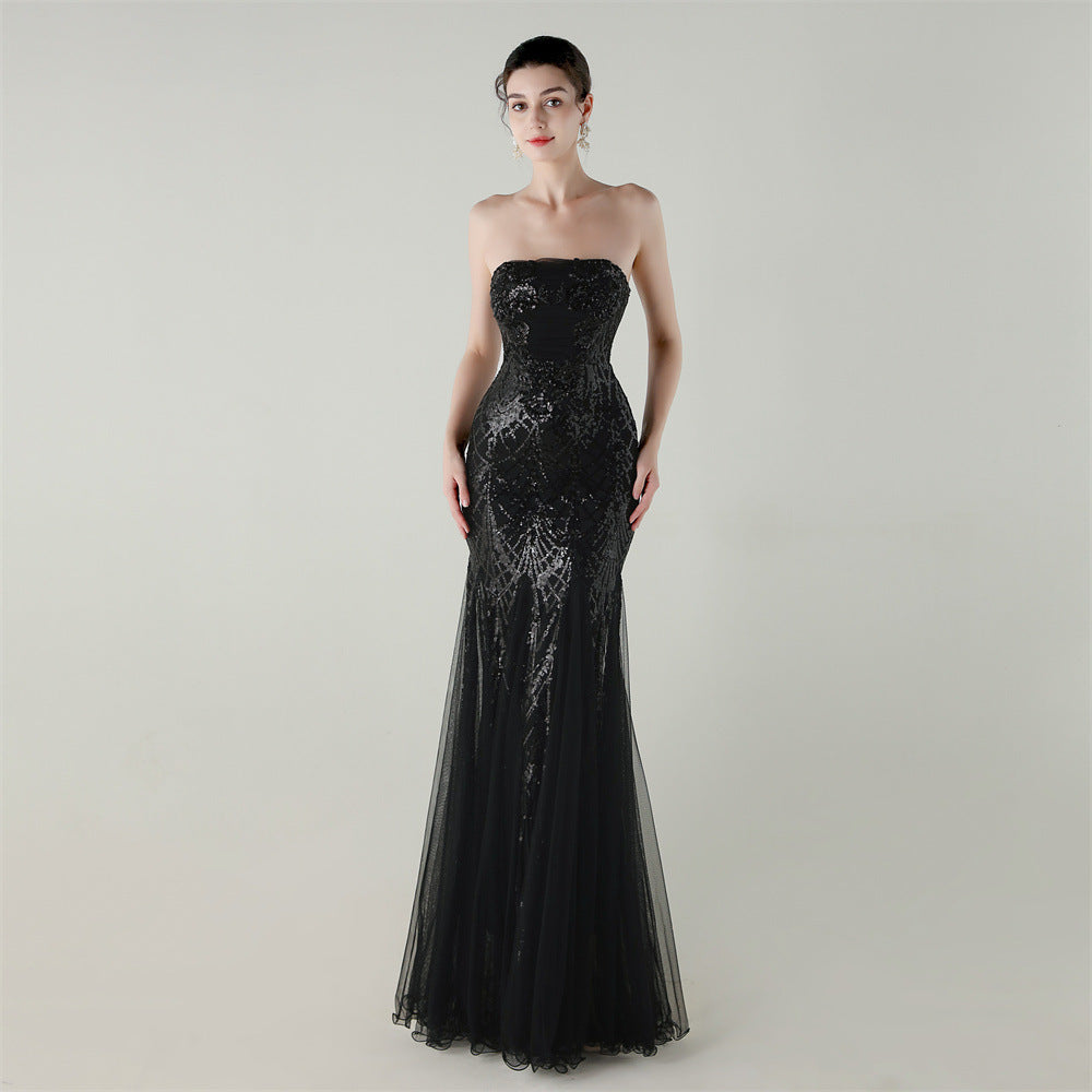 Women Strapless cross Lace-Up sequined tube flower sequined mesh evening dress Formal Party evening dress 18