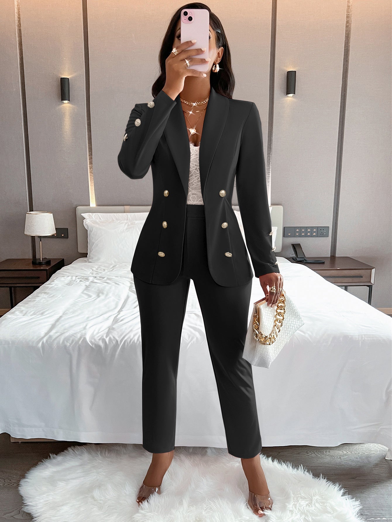 Women long-sleeved Solid Blazer and Pant Two Piece Set 3