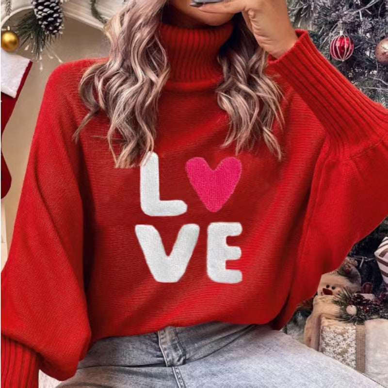 Women red high-neck Bat Sleeves sweater 9