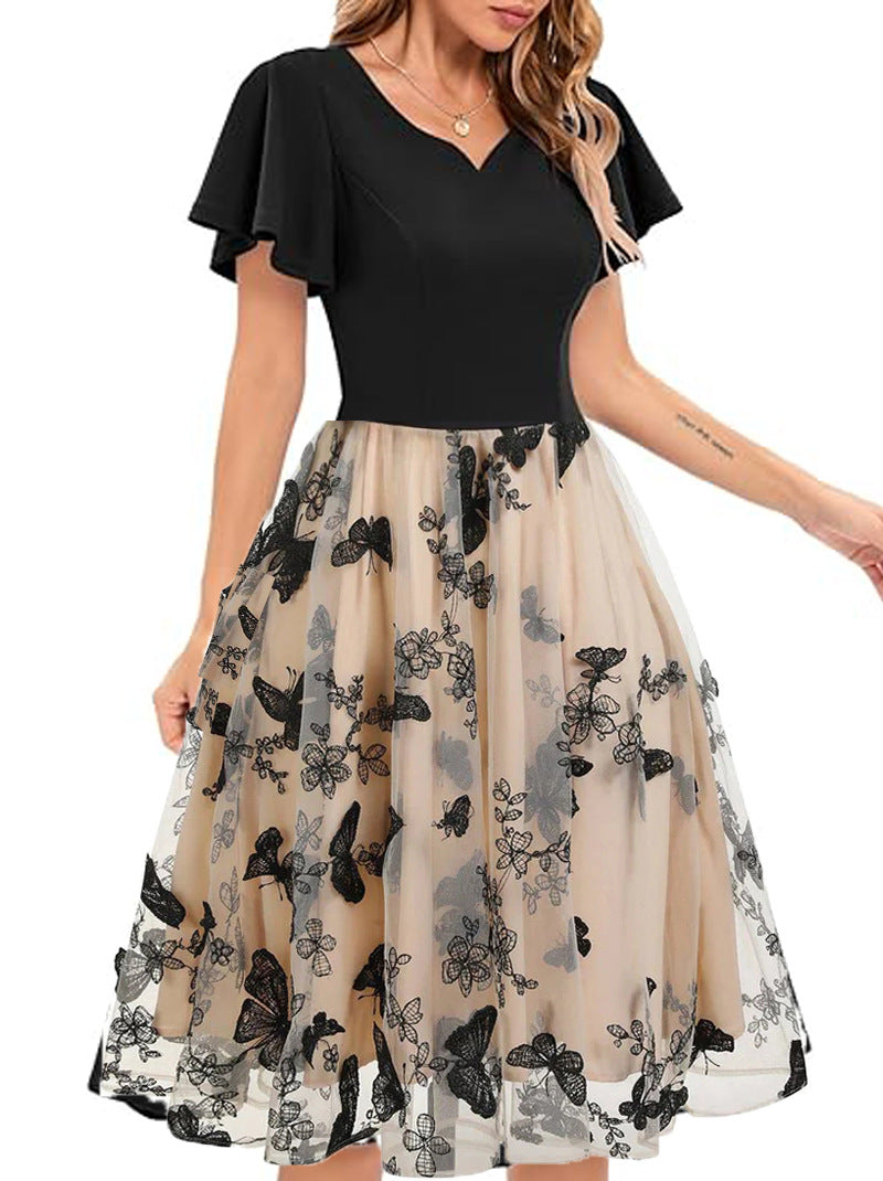 Women V-neck Patchwork Short Sleeve Retro Butterfly Mesh Embroidered Dress 3