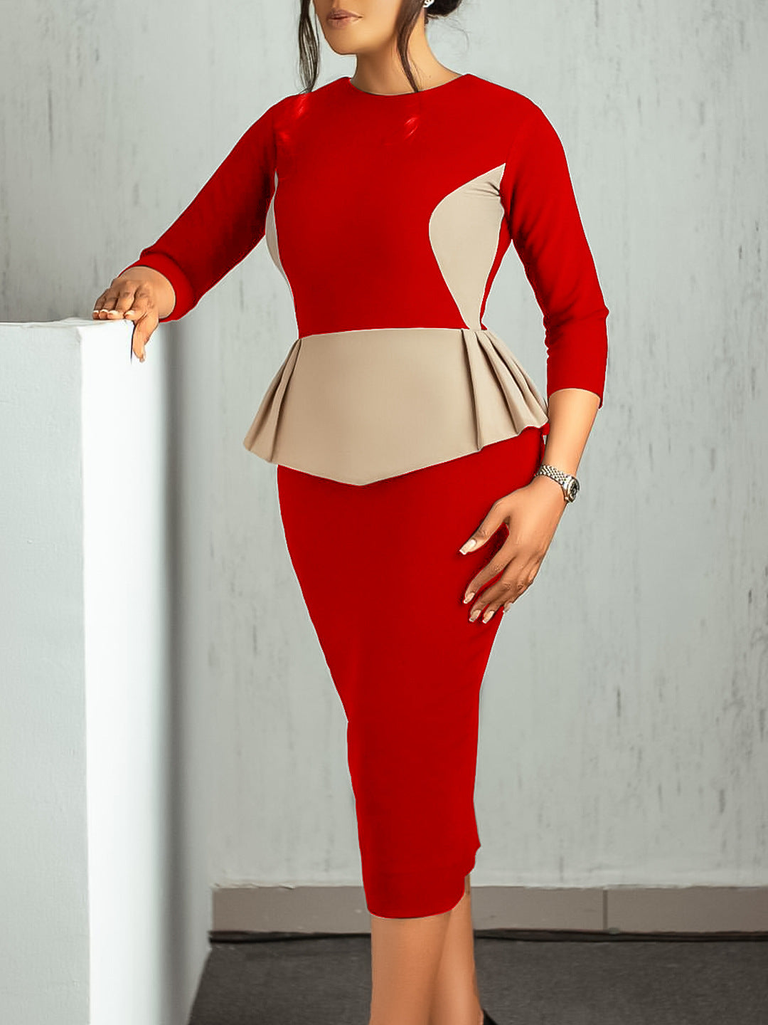 Women's Autumn Winter Fashion Chic Elegant Color Matching OL Bodycon Dress 6