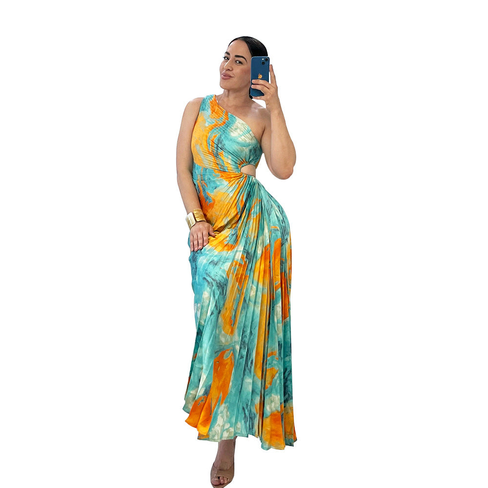 Women Printed Slash Shoulder Pleated Dress 7