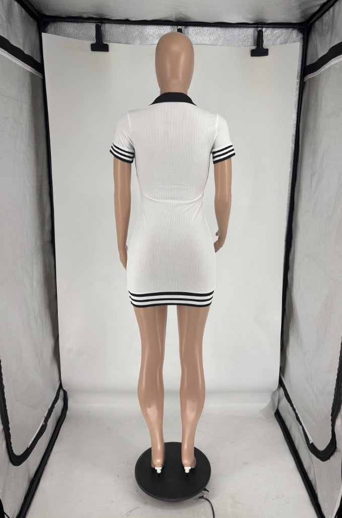 Women Turndown Collar Short Sleeve Ribbed Sexy Dress 14