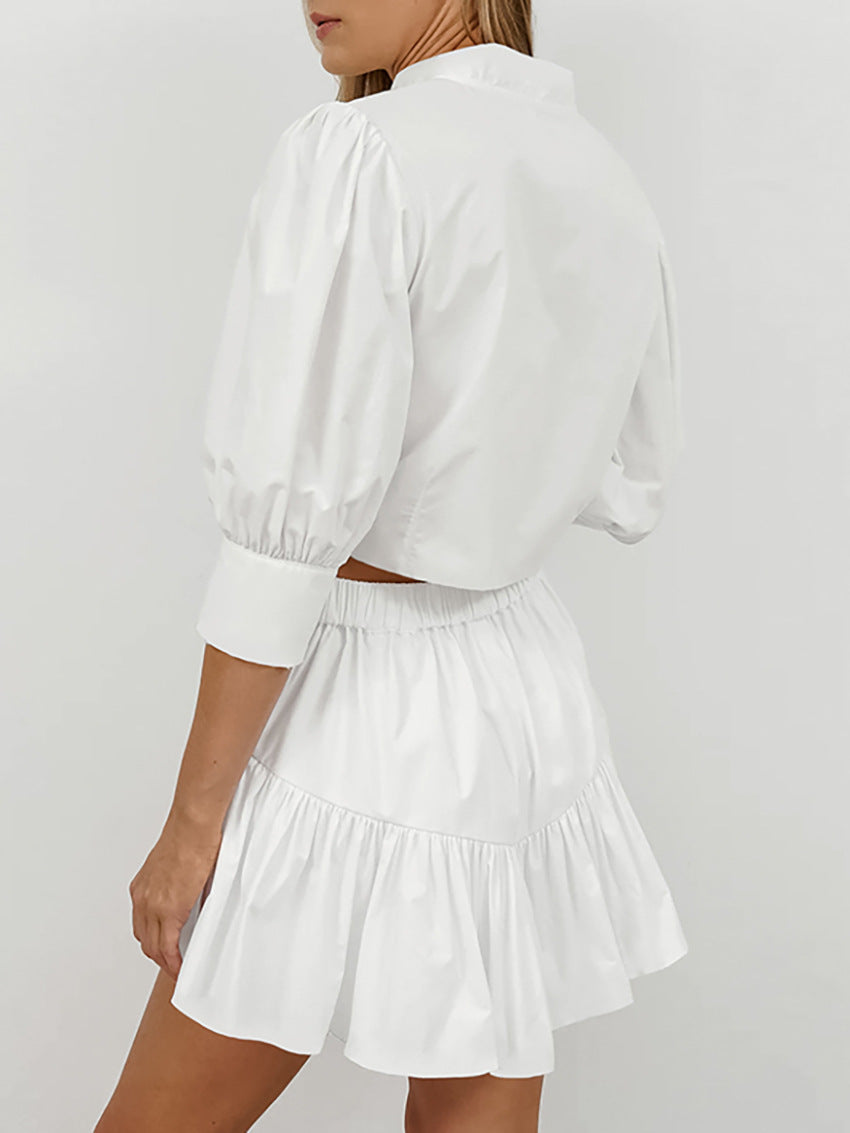 Summer White Lantern Sleeve Shirt & Skirt Two-Piece Casual Office Set 3