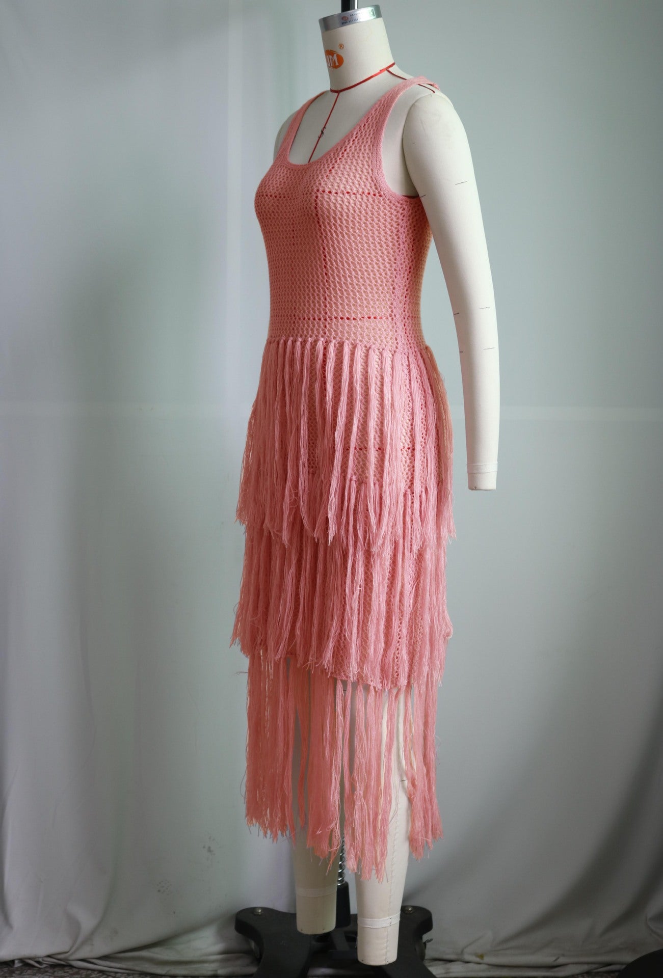 Women Casual Round Neck Sleeveless knitting Mesh Tassel See-Through Dress 10