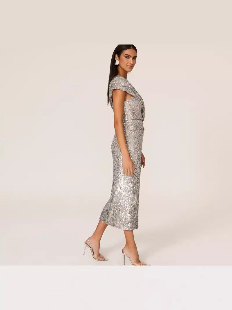 Women's Sequin Slash Shoulder Slit Sexy Party Dress 5