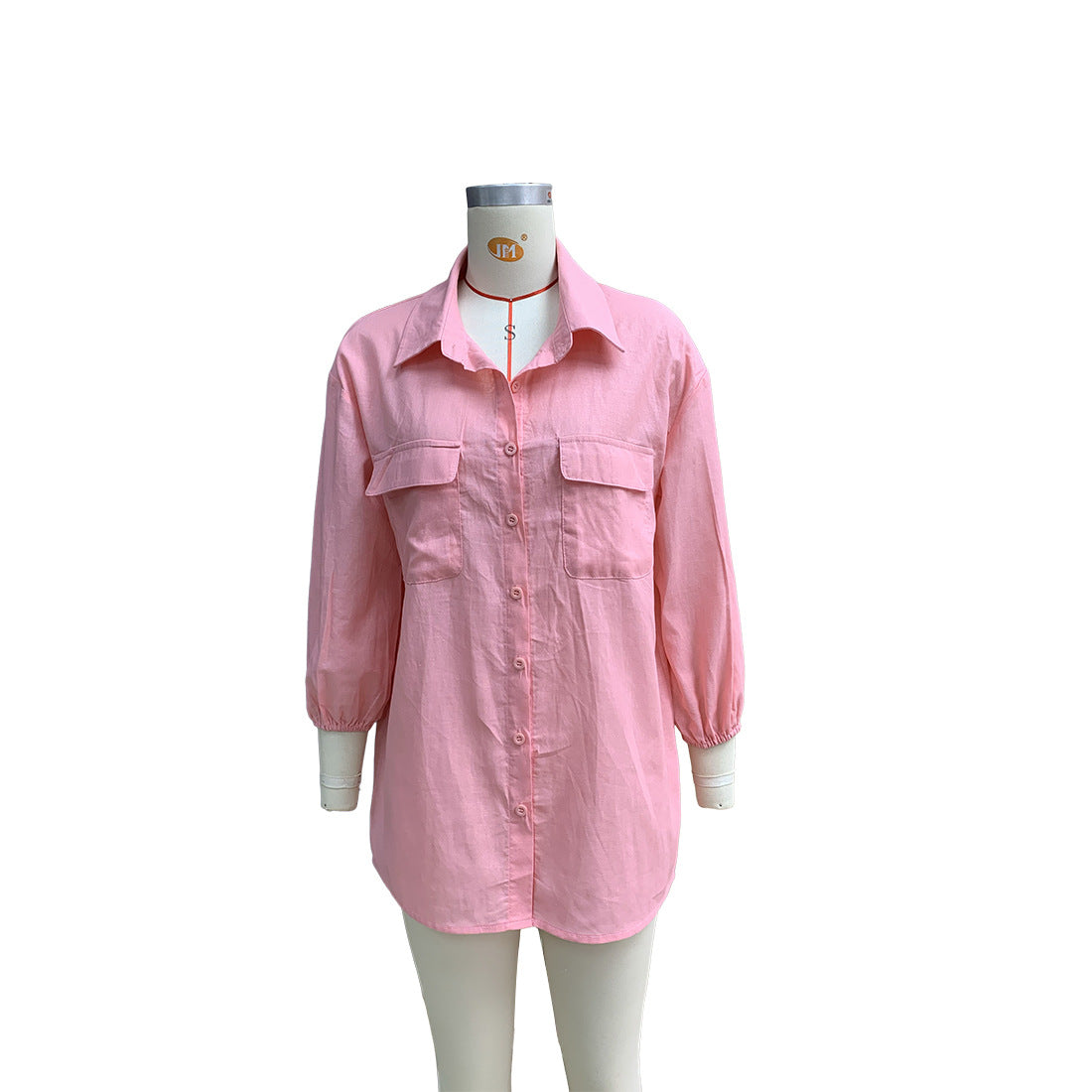 Spring Summer Women's Fashion Solid Color Linen Loose Turndown Collar Top Shirt 5