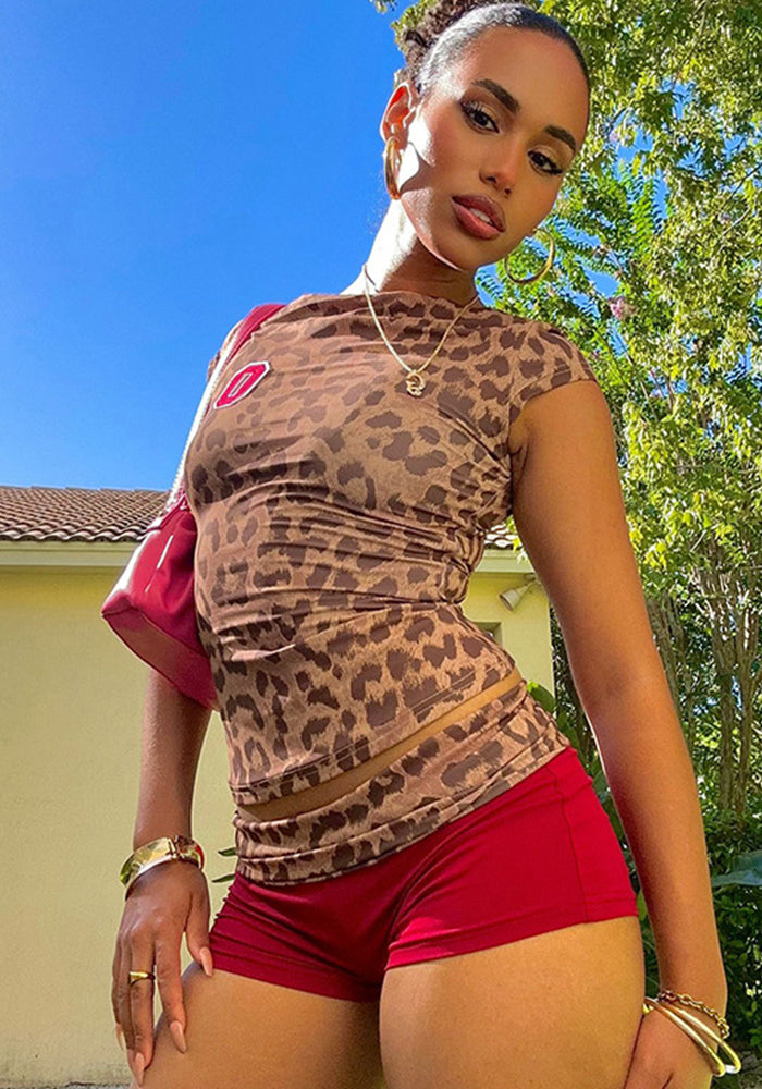 Summer fashion street trend leopard print color matching slim shorts set for women