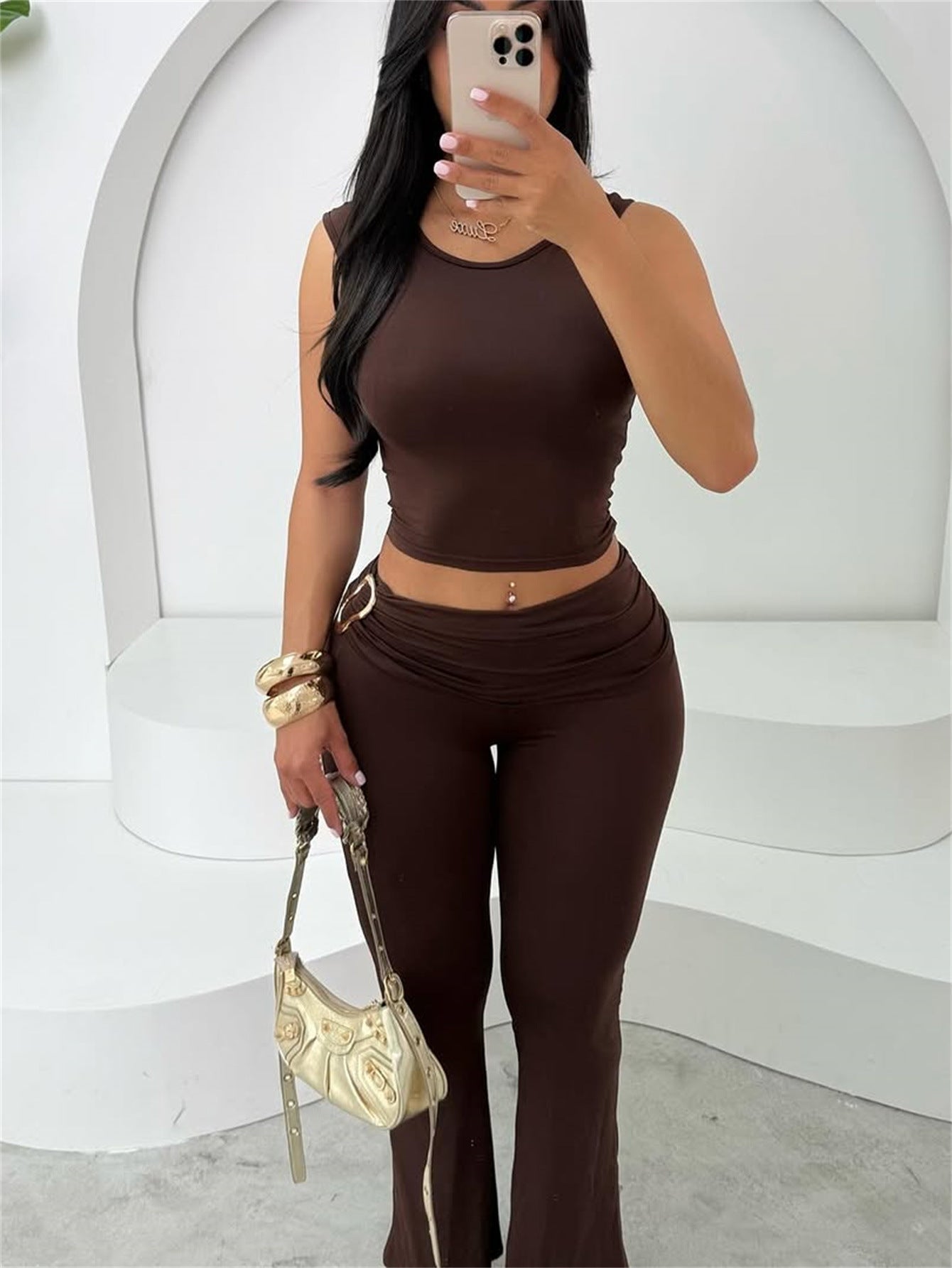 Sleeveless Cropped Top Tight-Fitting Trousers Two Piece Set for Women