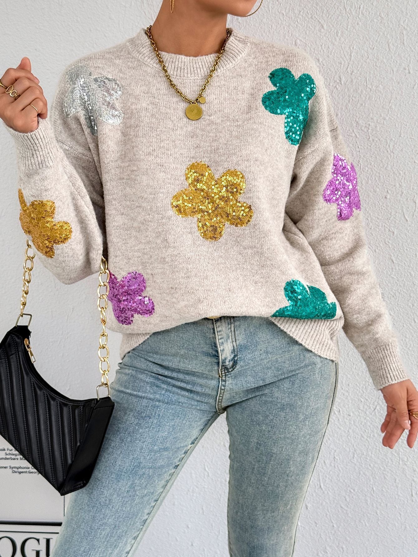 Women autumn/winter multi-color flower sequin embroidery round-neck long-sleeved sweater 4