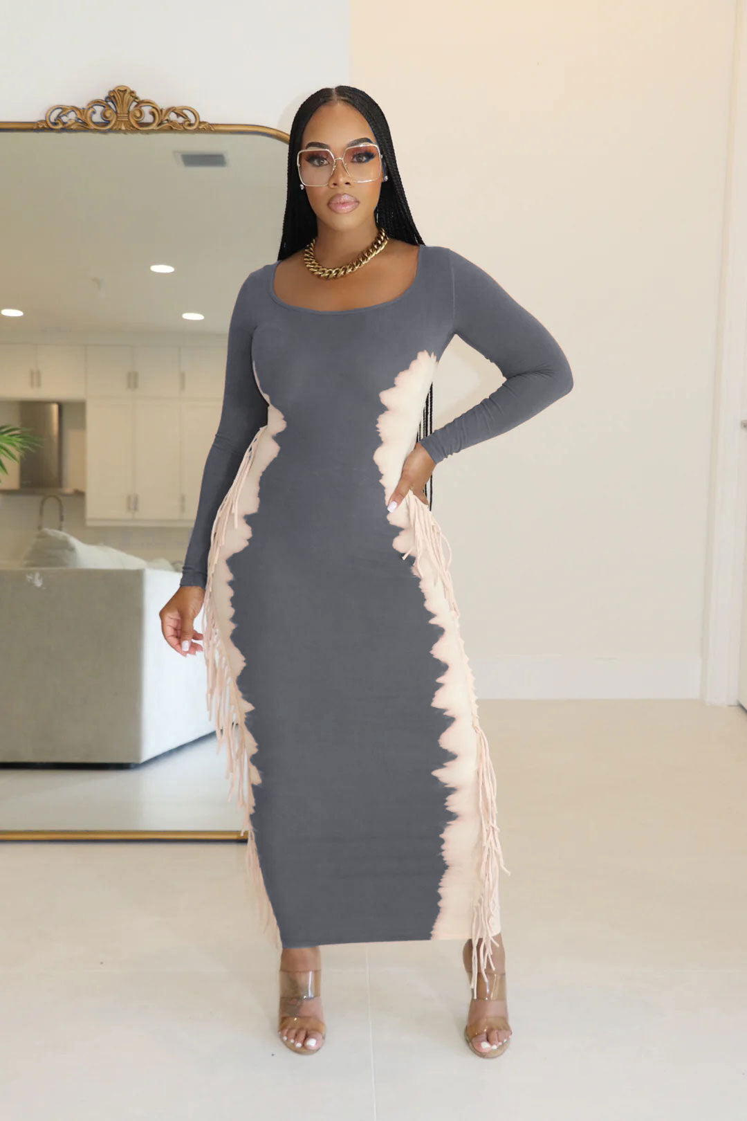 Contrast Color Tassel Casual Dress