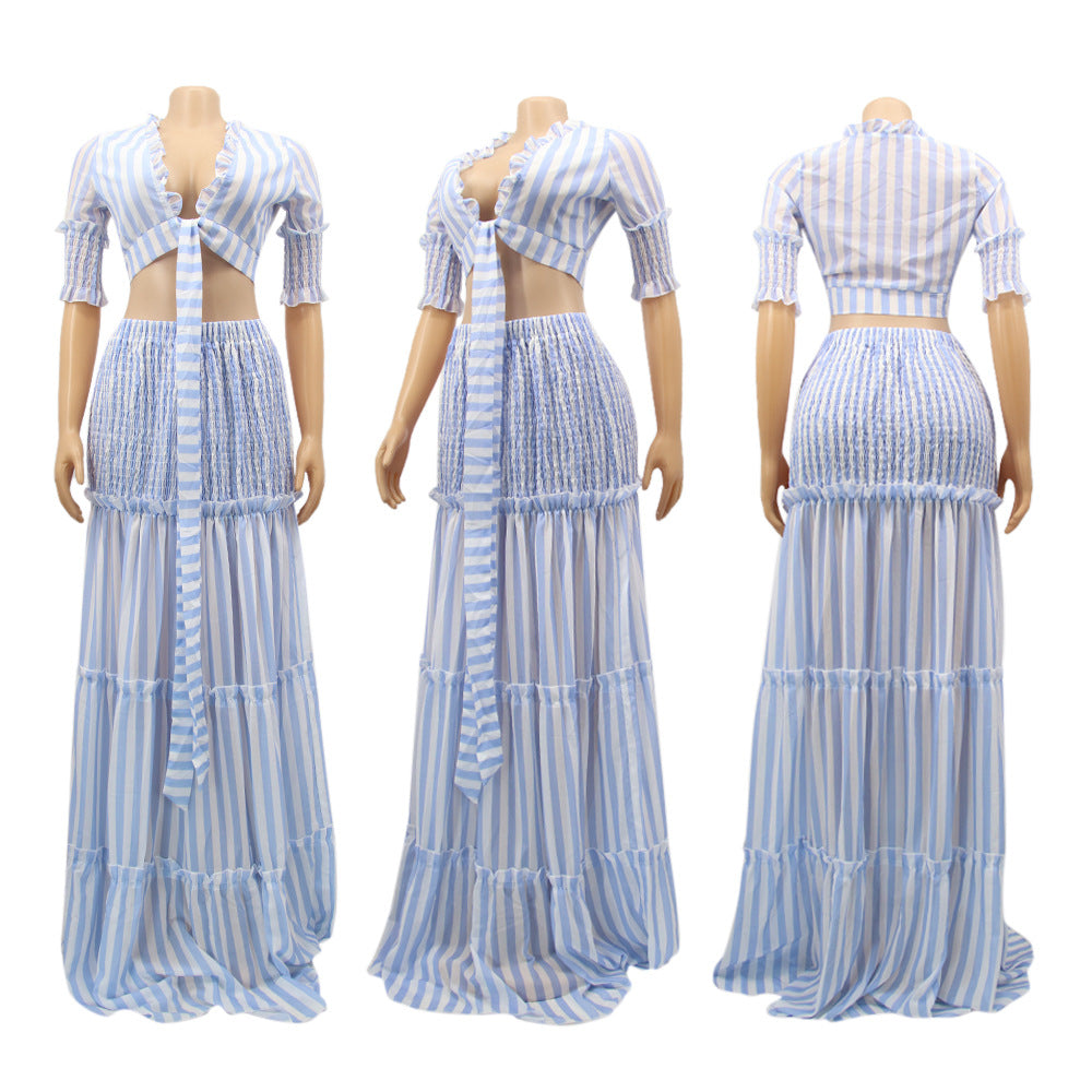 Women striped chiffon print Top and Skirt two-piece set 10