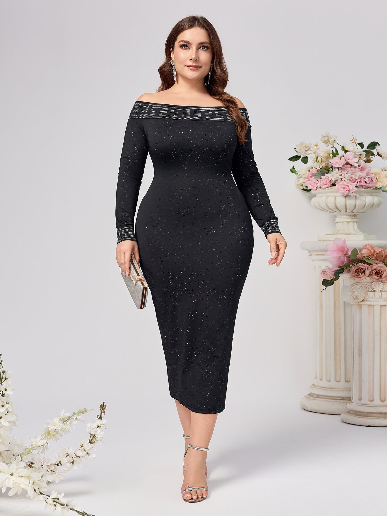 Plus Size Women Sexy Long Sleeve Sequin Off Shoulder Dress