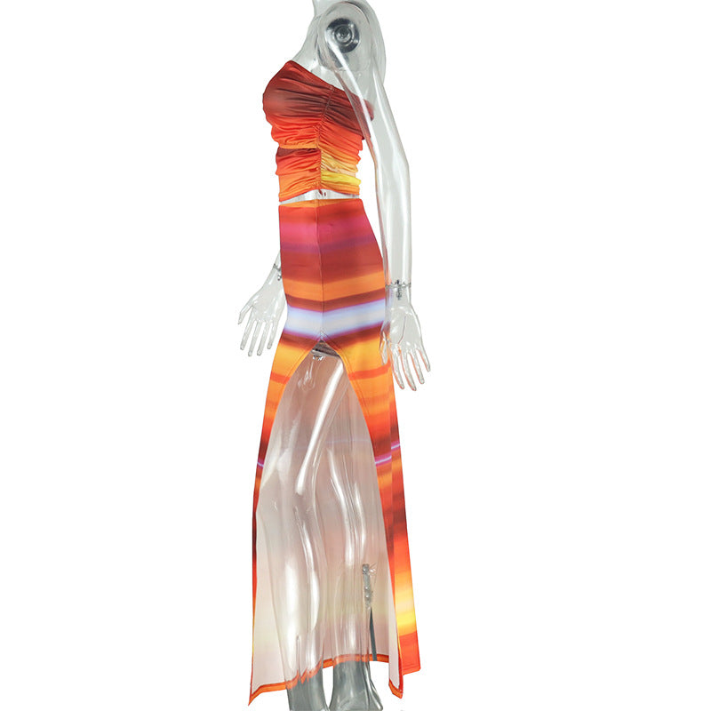 Summer Gradient Print Sexy Strapless Slim Two Piece Skirt Set 7