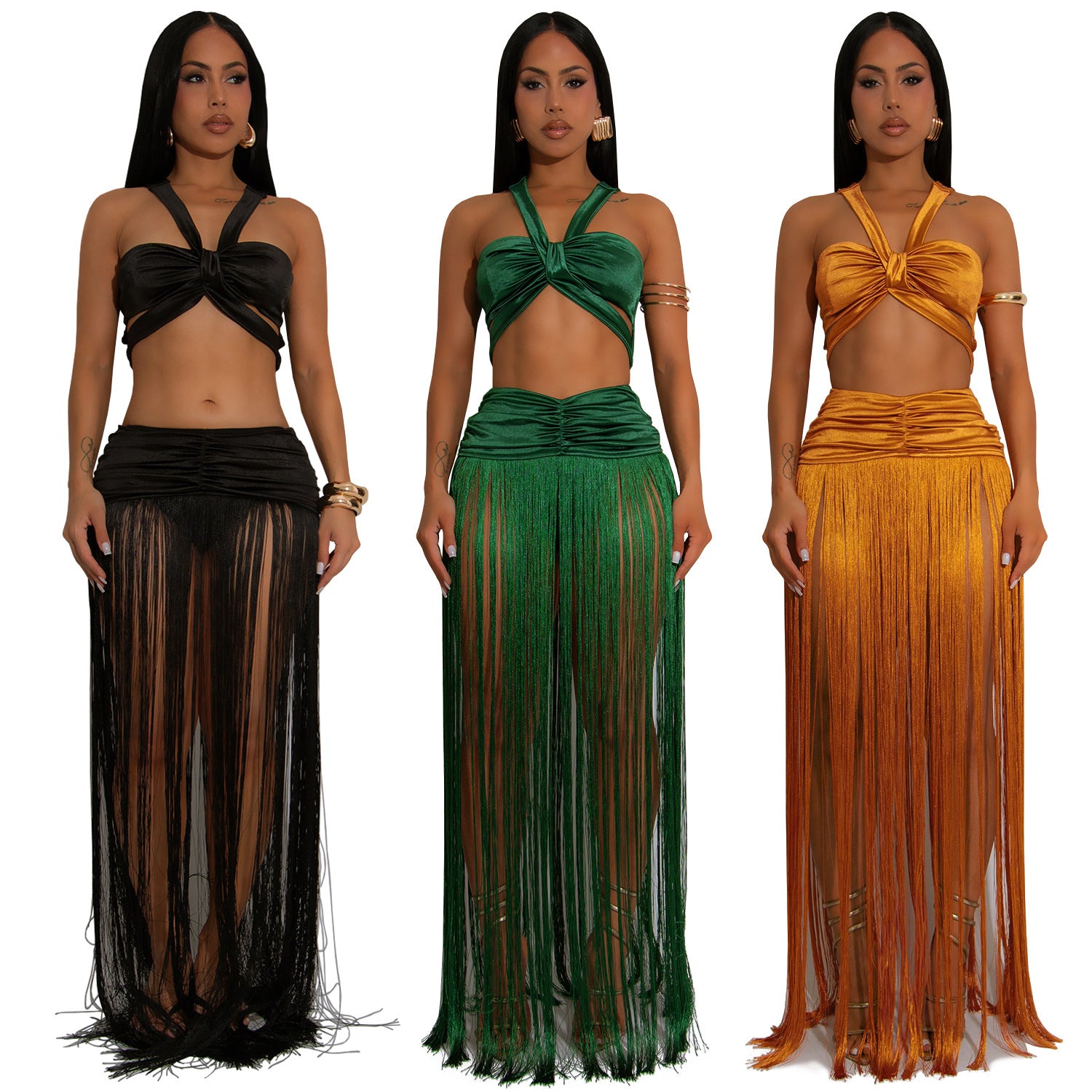 Women's Fashion Sexy Strap Top & Fringe Long Skirt Two-Piece Set 8