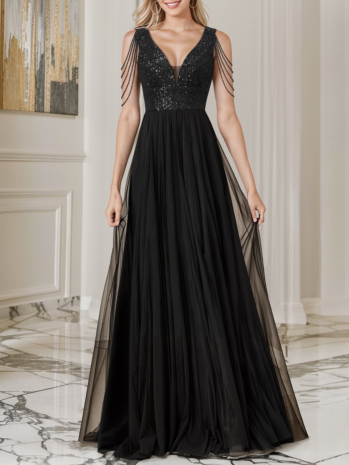 Women Sequin Black Mesh Evening Dress 3