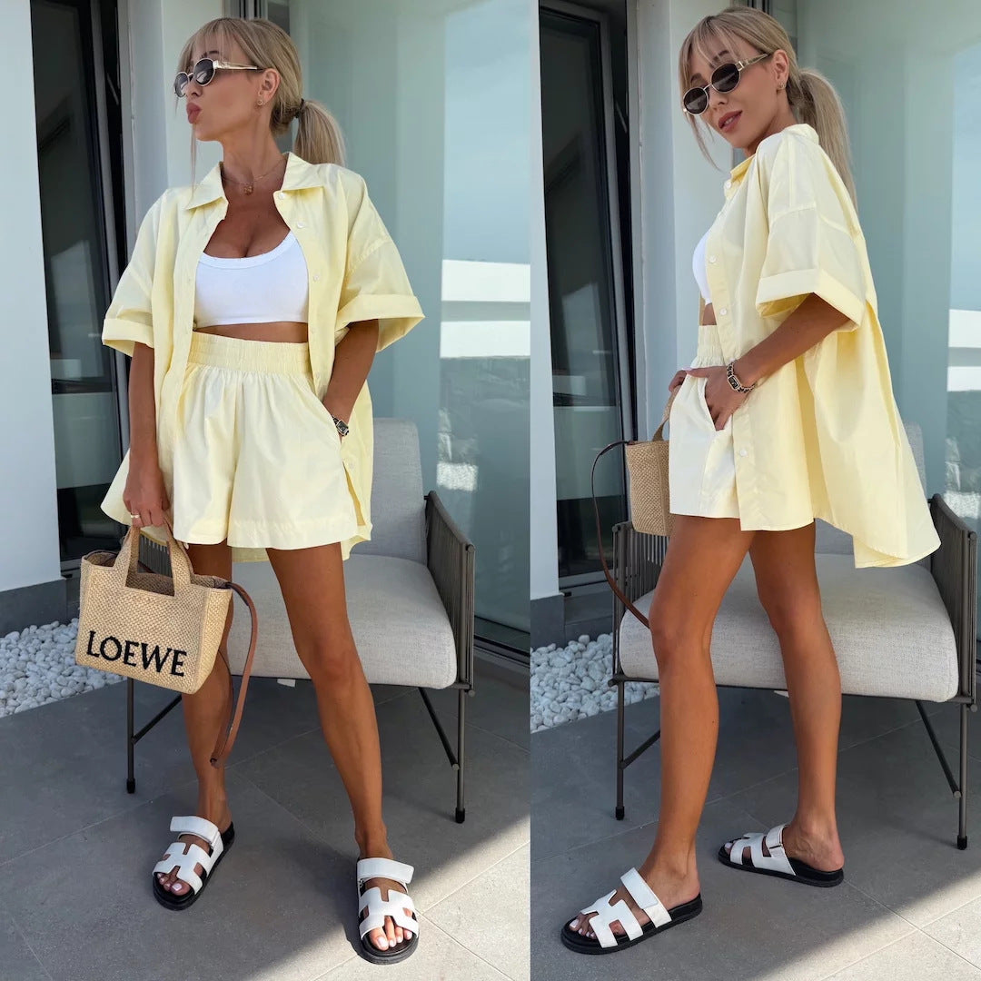 Women spring and summer Casual Solid short-sleeved shirt loose shorts two-piece set 9
