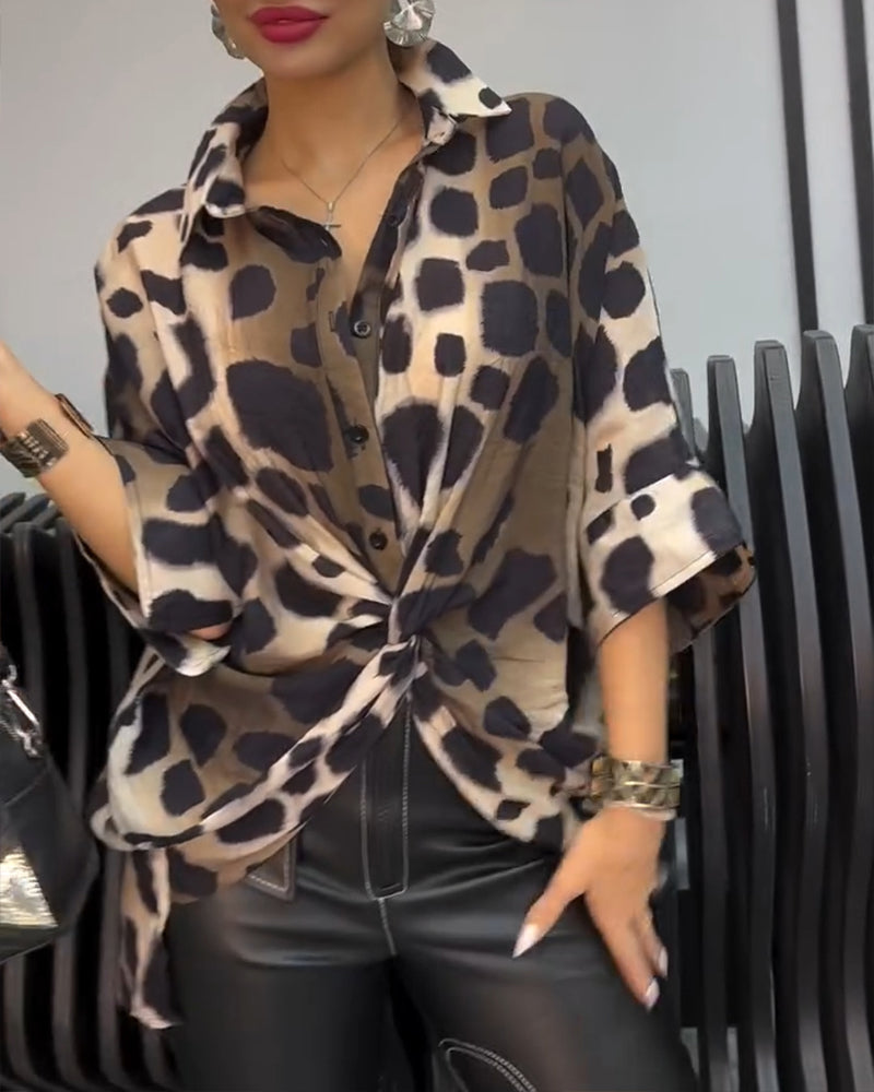 Women Leopard Print Loose 3/4 Sleeve Knot Shirt 3