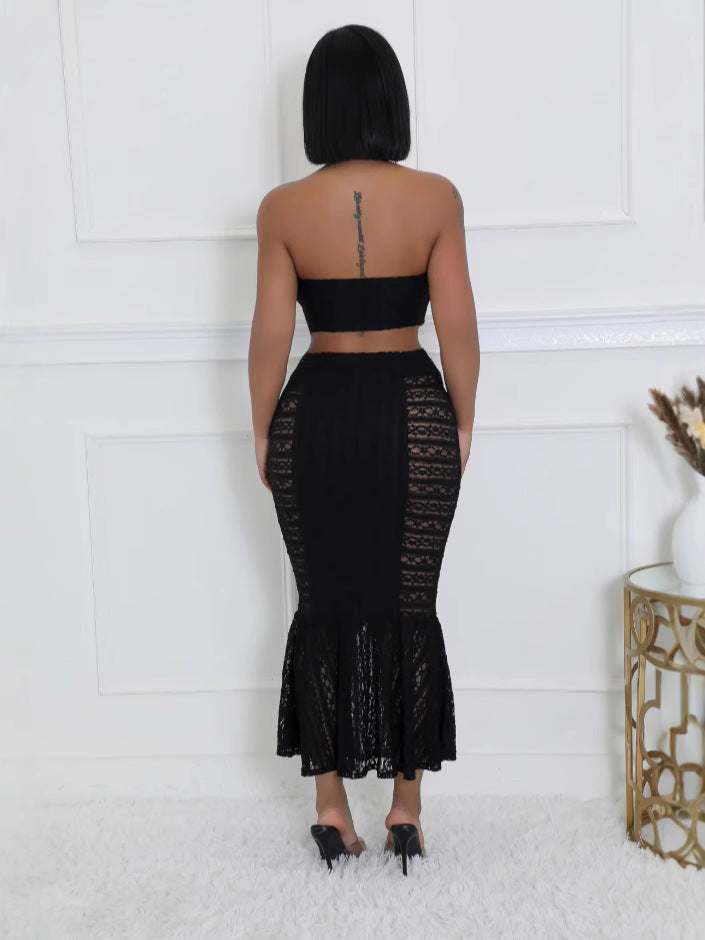 Women Spring Sexy Strapless Crop Top and Bodycon Fishtail Skirt Two Piece Set 4