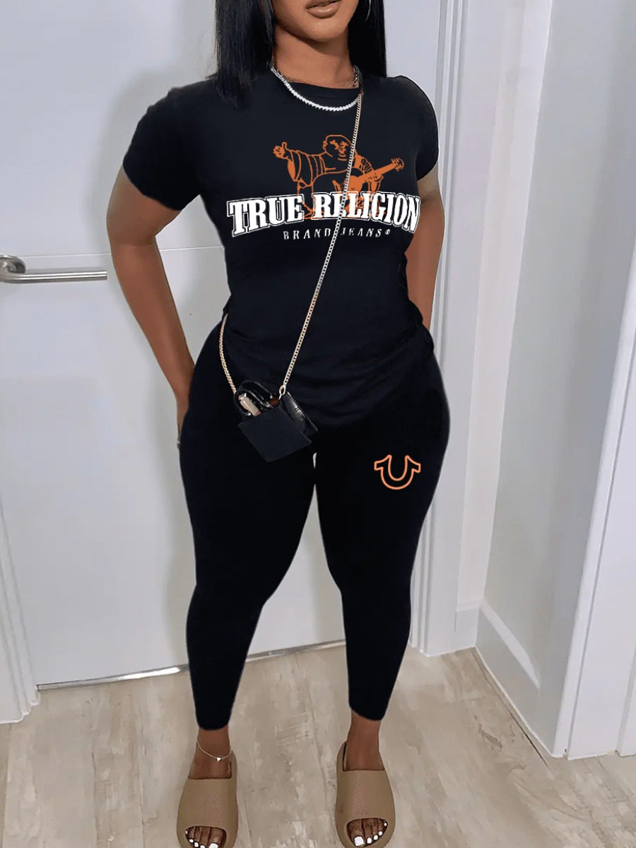 Women sexy printed short-sleeved Top and Pants Two Piece