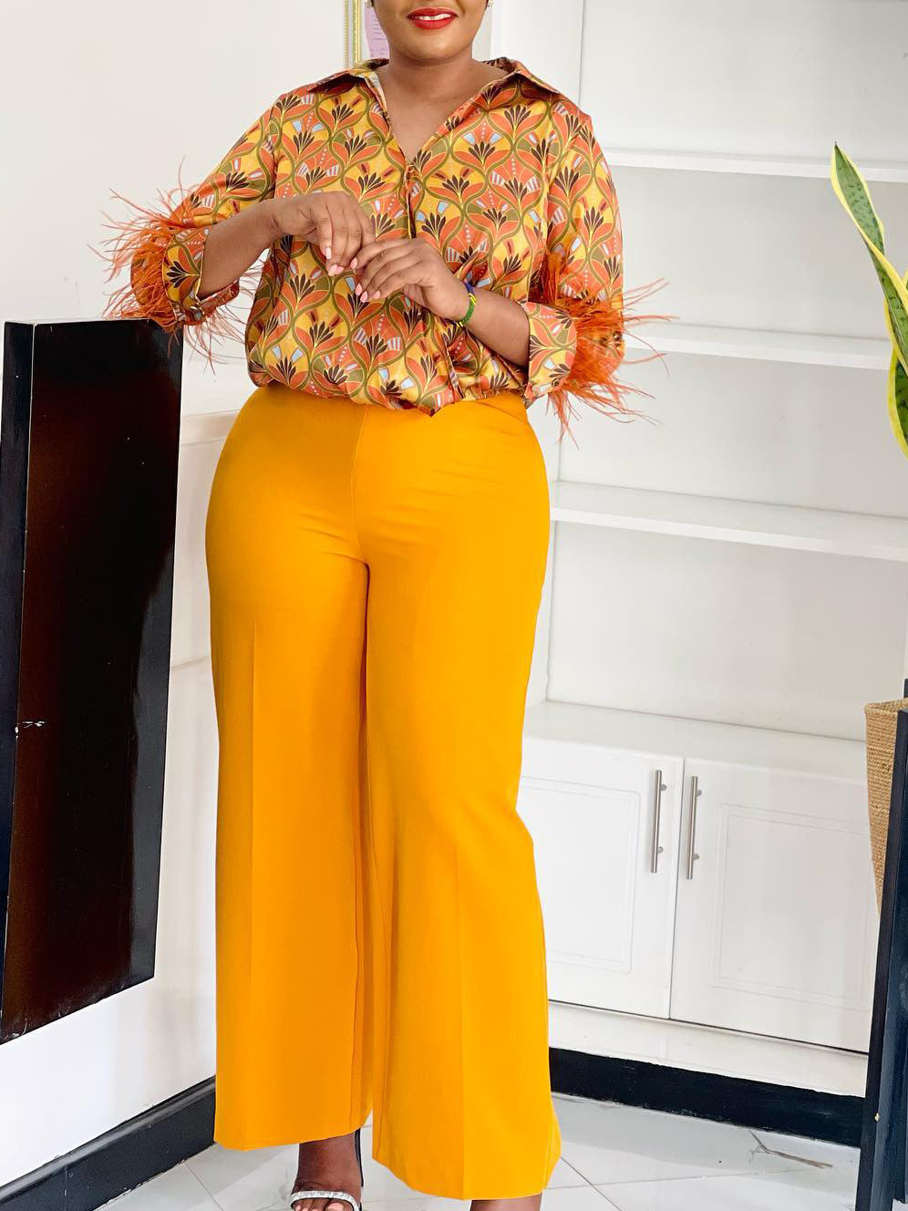 Women's Print Shirt Wide Leg Pants African Two-Piece Set 7