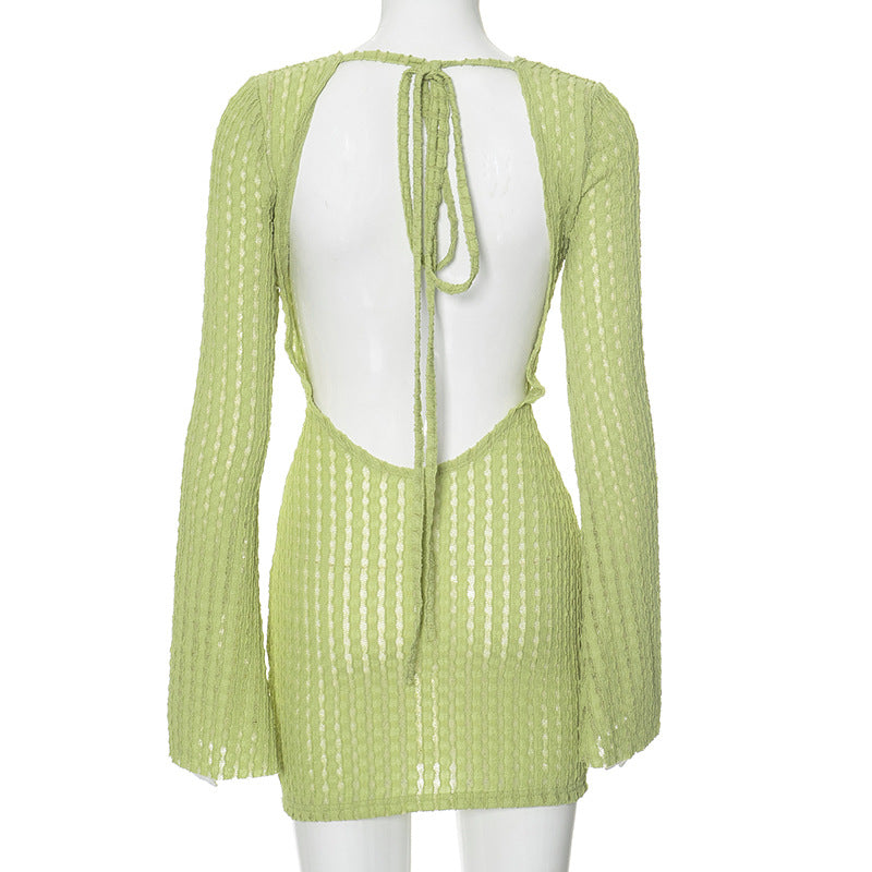 Women's Summer Solid Color Low Back Long Sleeve Slim High Waist Knitting Short Dress 12