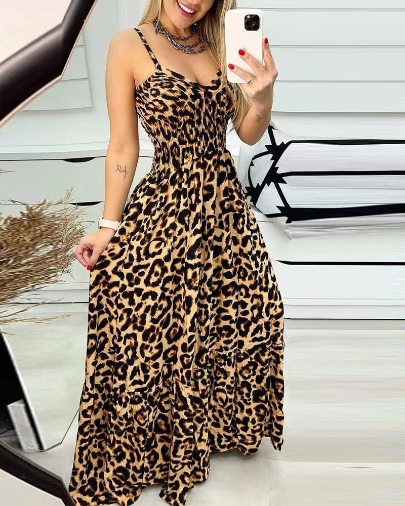 Summer Leopard Print V Neck Dress High Waist Sexy Chic Fashion Long Dress 12