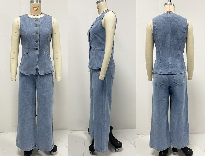 Fashion Chic Button Sleeveless Vest Wide Leg Denim Pants Two Piece Set 16