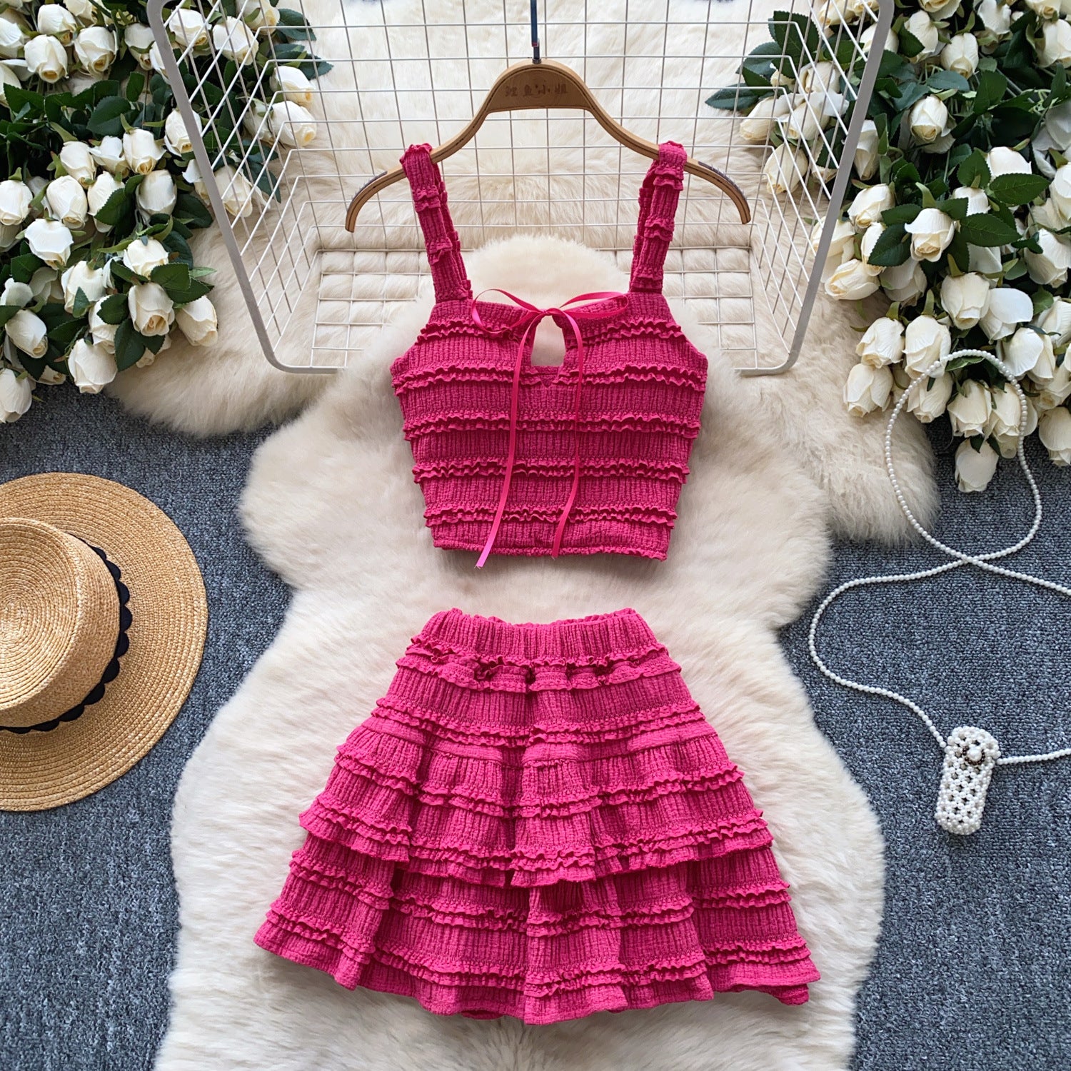 Summer Chic Women's Square Neck Camisole Vest High Waist Pleated Ruffle Skirt Two Piece Set 6