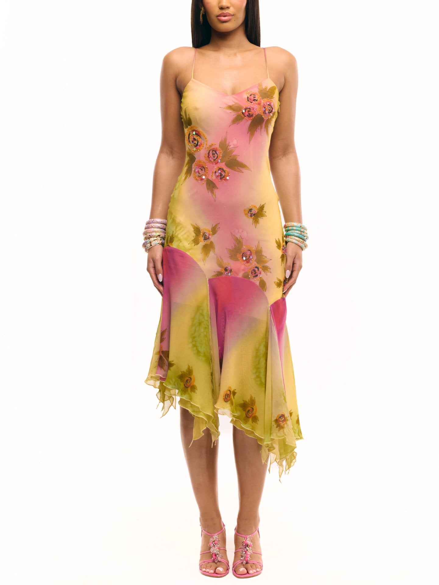 Women Ruffled Suspender Elegant Embroidered Flower Summer Dress