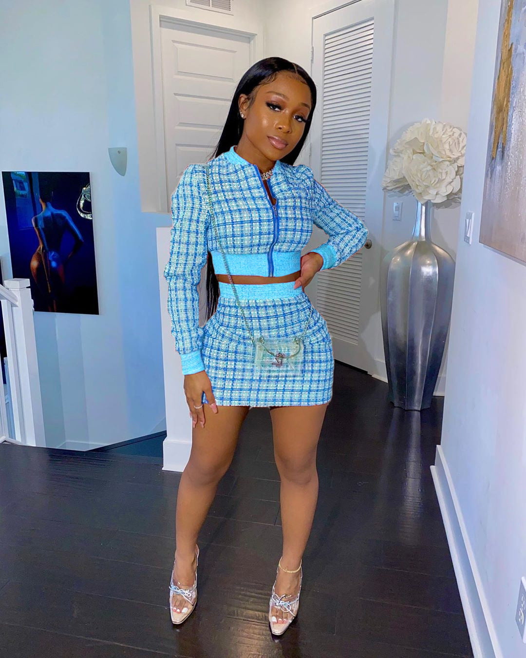 Women Plaid Ribbed Long Sleeve Top and Skirt Two-piece Set 9