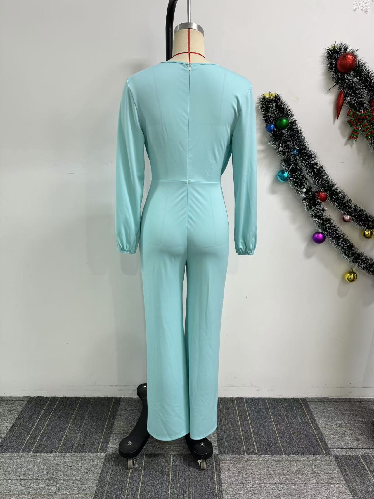 Sexy Lantern Sleeve Slim Waist Button Decoration Wide Leg Jumpsuit 6