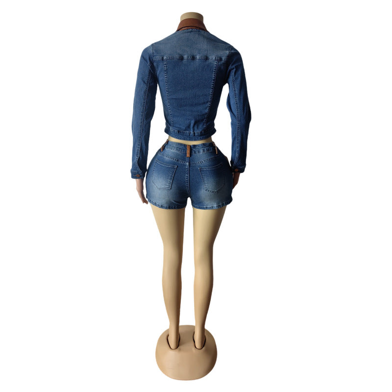 Color Block Patchwork Long Sleeve Stretch Denim Shorts Set 7