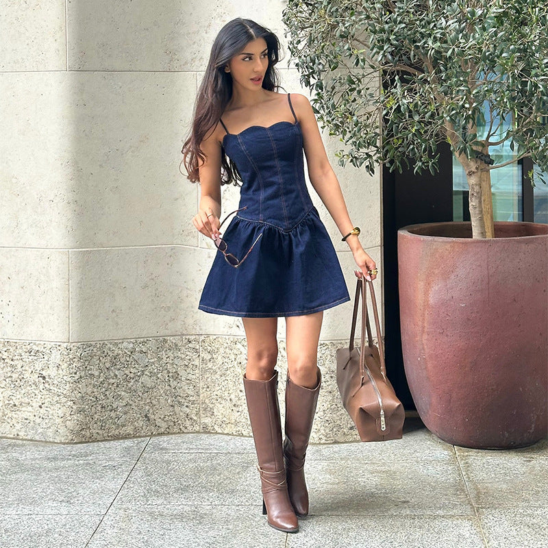 Autumn Women's Floral Layered Casual Style Denim Strap Dress 3