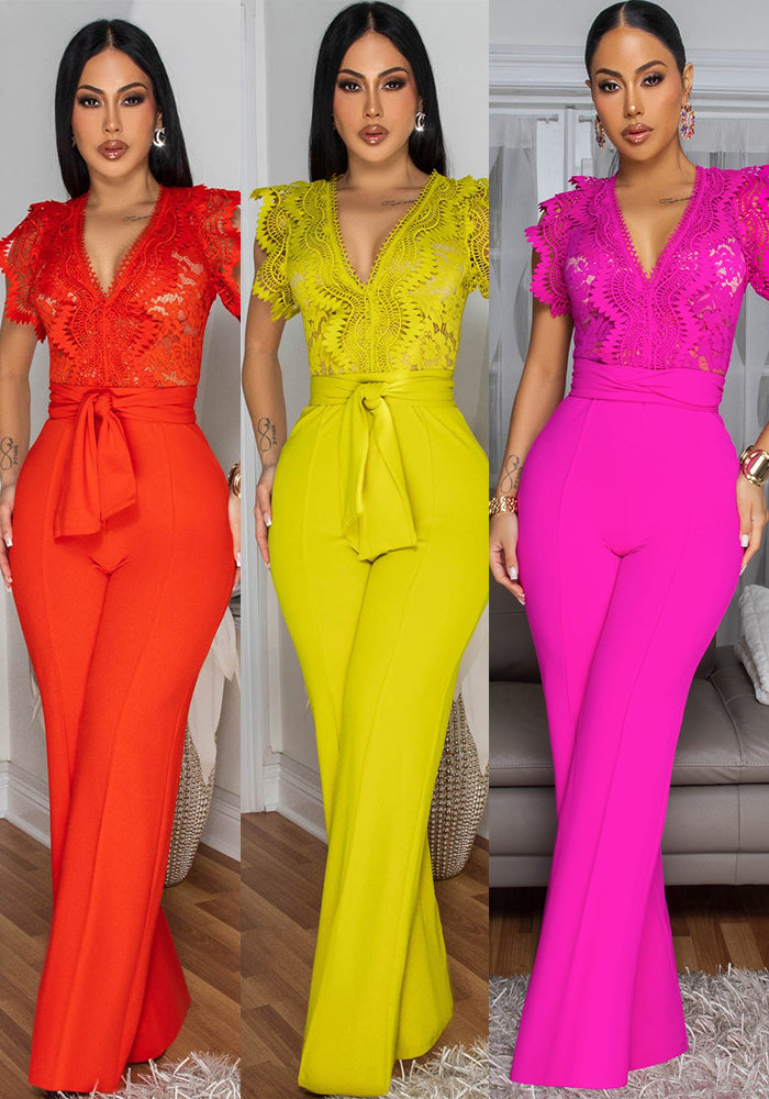 Women Elegant Lace Short Sleeve Jumpsuit