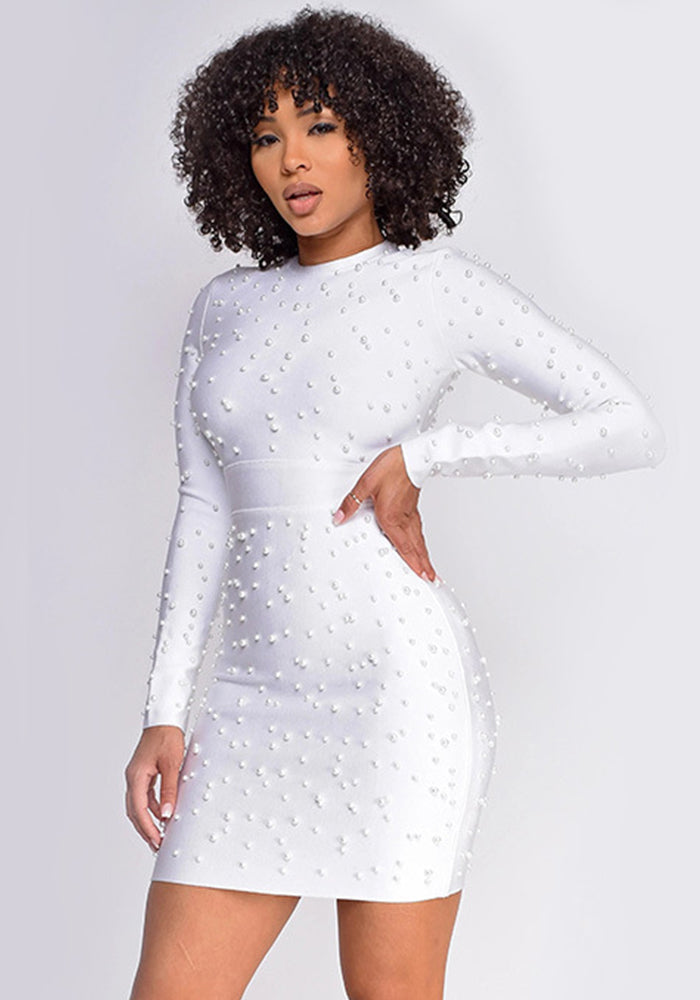 Women's Summer Solid Color Bodycon Long Sleeve Beaded Dress