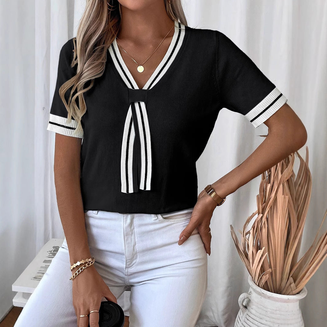 V-Neck Contrast Color Summer Top Casual Knit Sweater 6