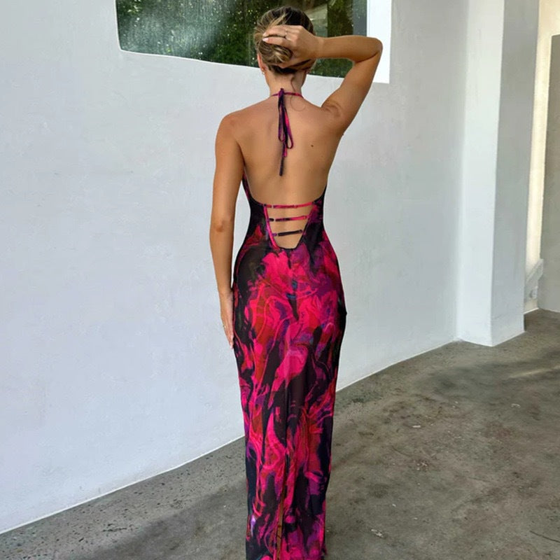 Women printed Halter Neck Lace-Up sexy backless bodycon dress 5
