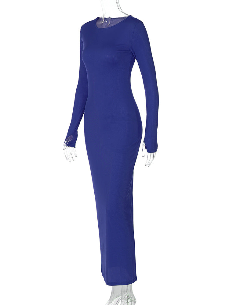 Women's Spring Fashion Solid Color Slim Fit Round Neck Long Sleeve Dress 23