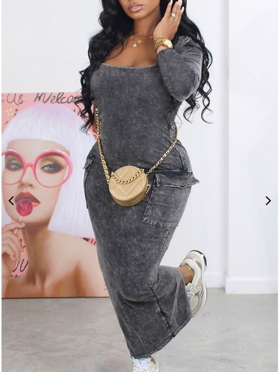 Sexy Printed Big Pockets Back Slit Long Sleeve Women's Bodycon Dress 3