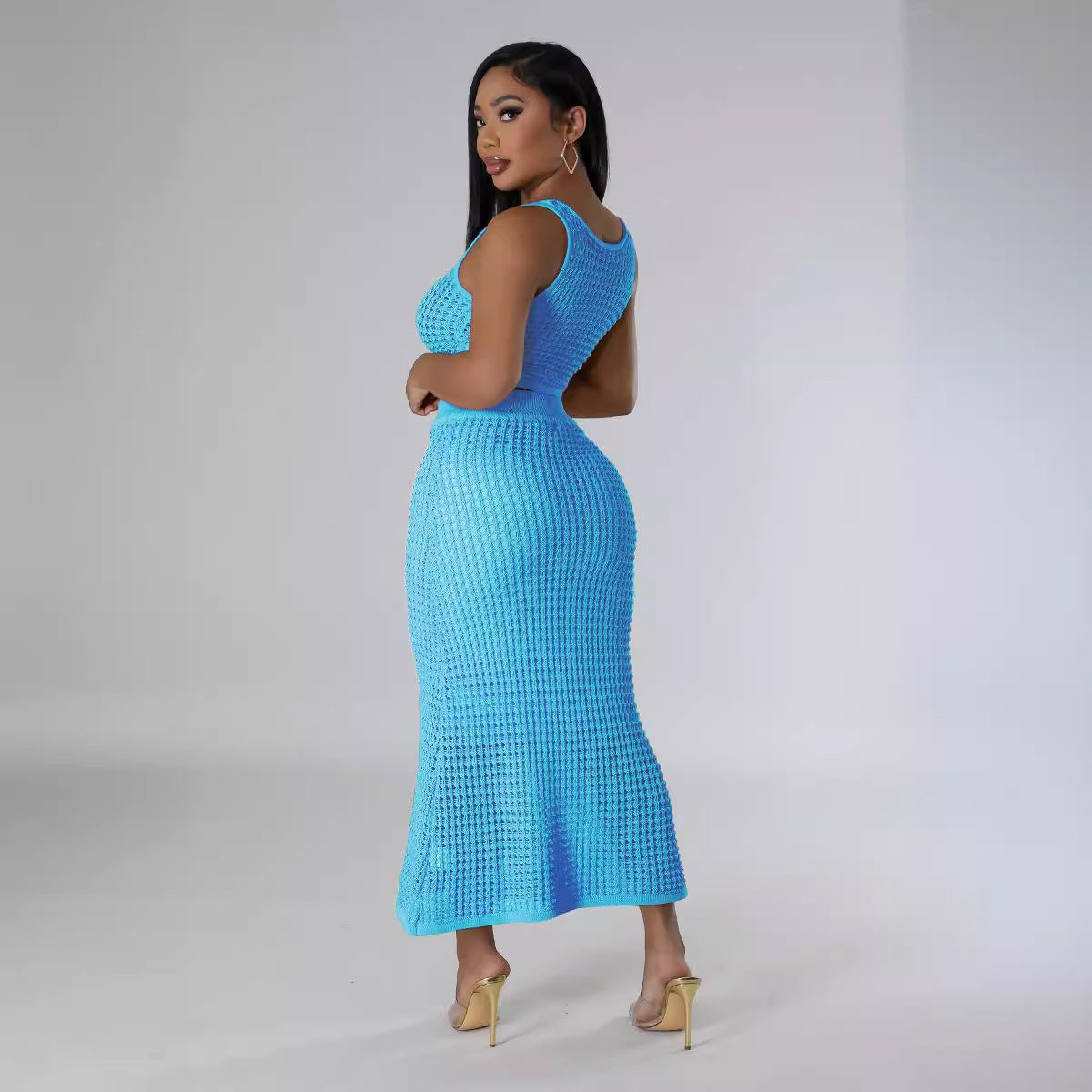 Women tassel fishnet knitting Casual Top and Skirt two-piece set 7