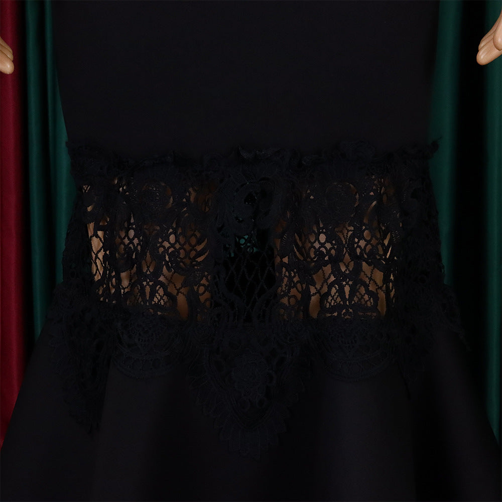 Women Off Shoulder Puff Sleeve Lace Patchwork Formal Party Mermaid Dress 35