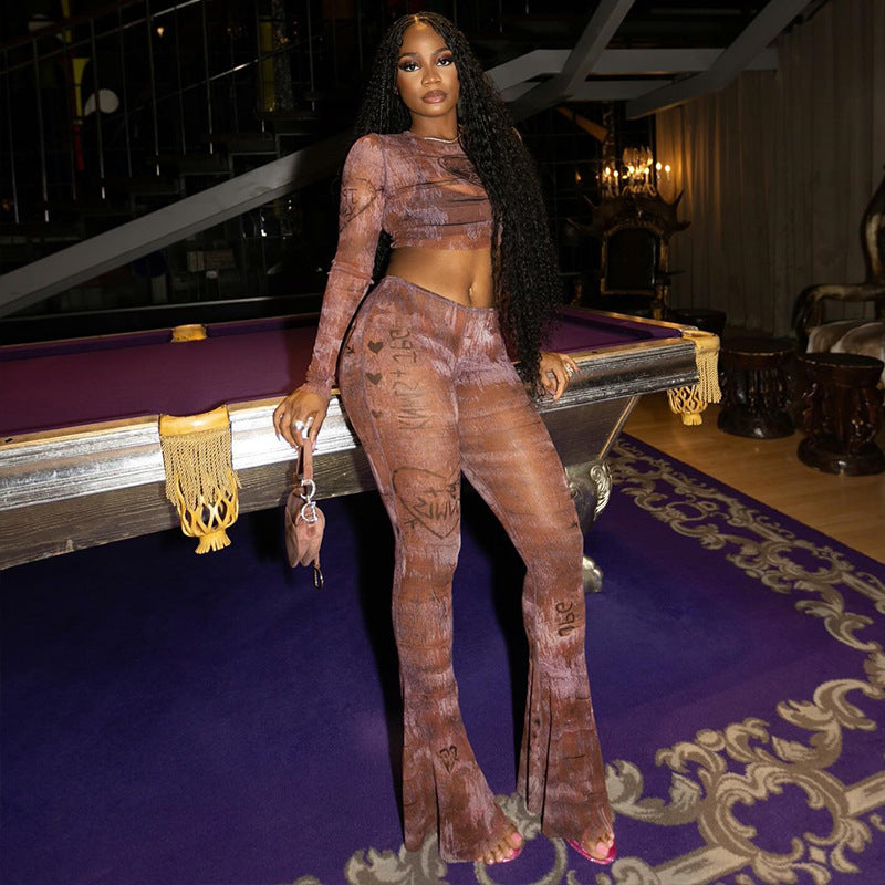 Women's Casual Micro-Transparent Sexy Slim Short Top & Long Pants Two Piece Set 5