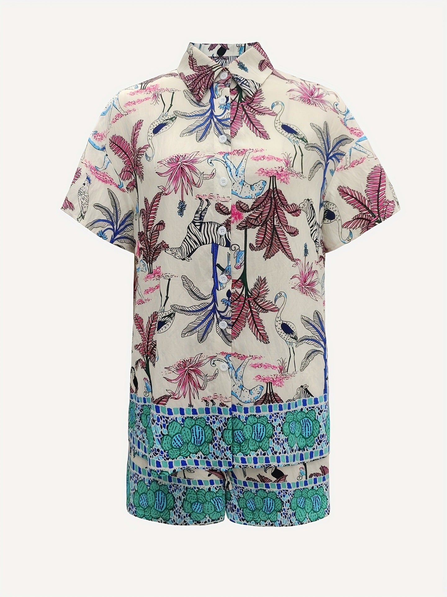 Summer Holidays Bohemian Print Turndown Collar short sleeve shirt top elastic waist shorts two-piece set 6