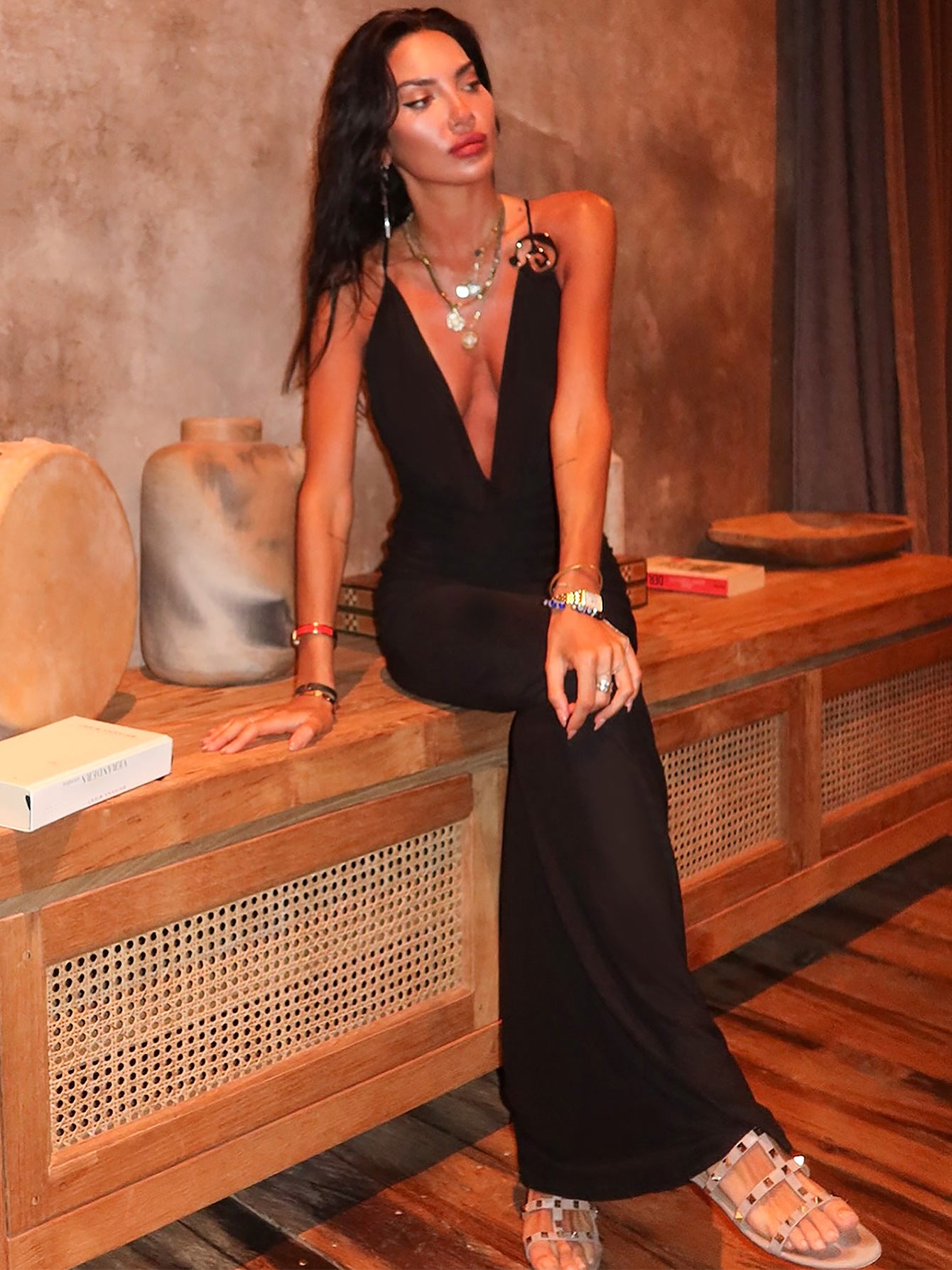 Summer Sexy Deep V-Neck Strap Low Back Long Solid Color Slim Dress