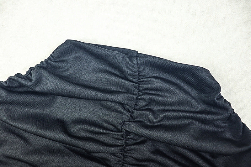 Elegant Women's Pleated Solid Color Bodycon Slim High Neck Short-Sleeve Long Dress 13