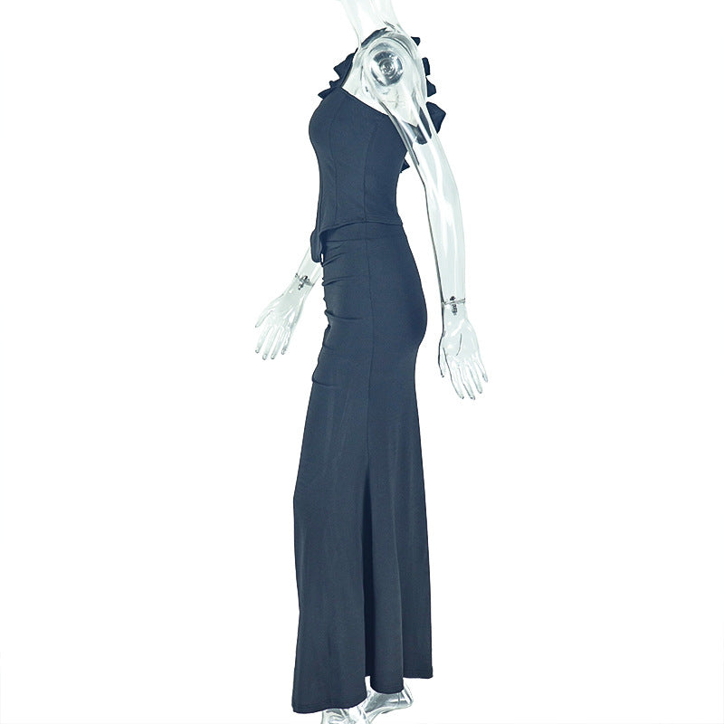 Elegant women's slit solid color irregular Slash Shoulder Halter Neck Strapless evening Skirt Set 7