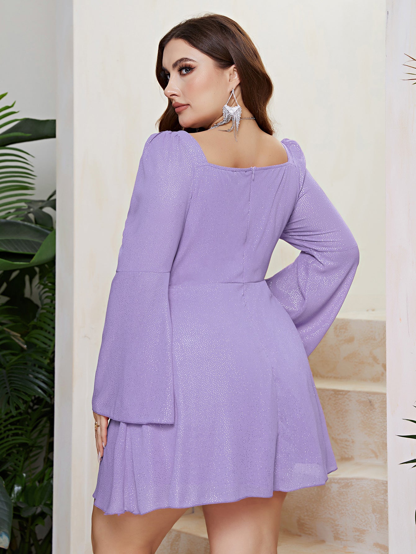 Plus Size Sexy Women Bell Bottom Sleeve Wrap Chest Hollow Dress 8