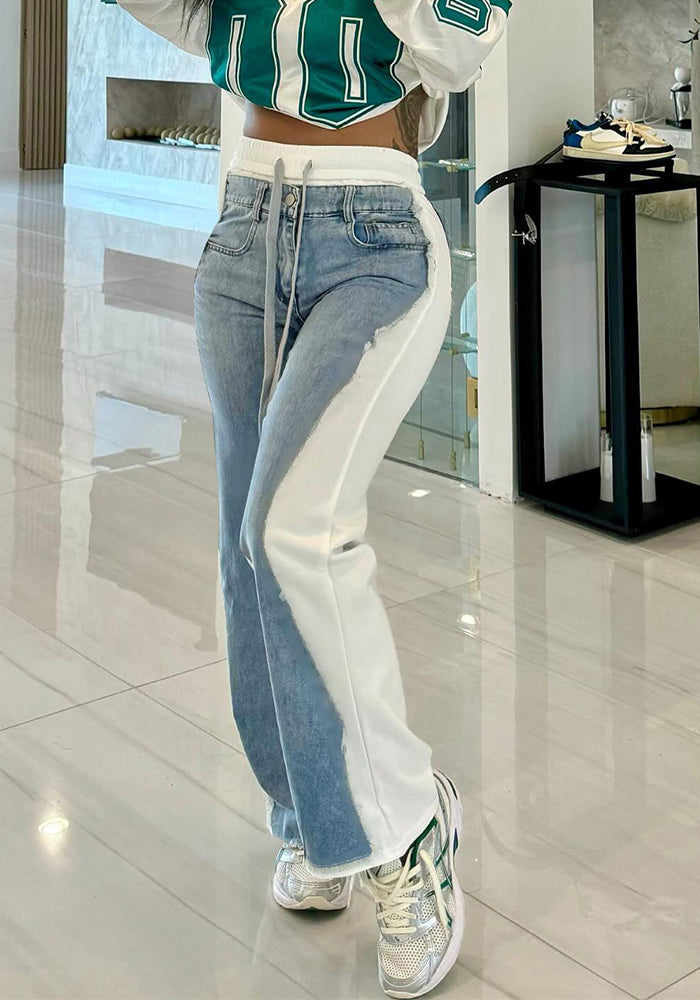 Spring/Summer Denim Print Contrast Pocket Elastic Waist Casual Straight-Leg Pants